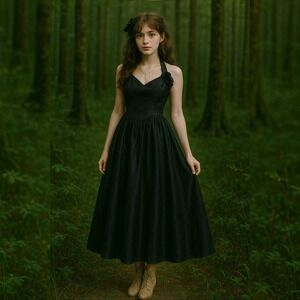 Gunne Sax 80s Black Damask Ruffle Halter Midi‎ Dress Tulle Underlay Bow Back